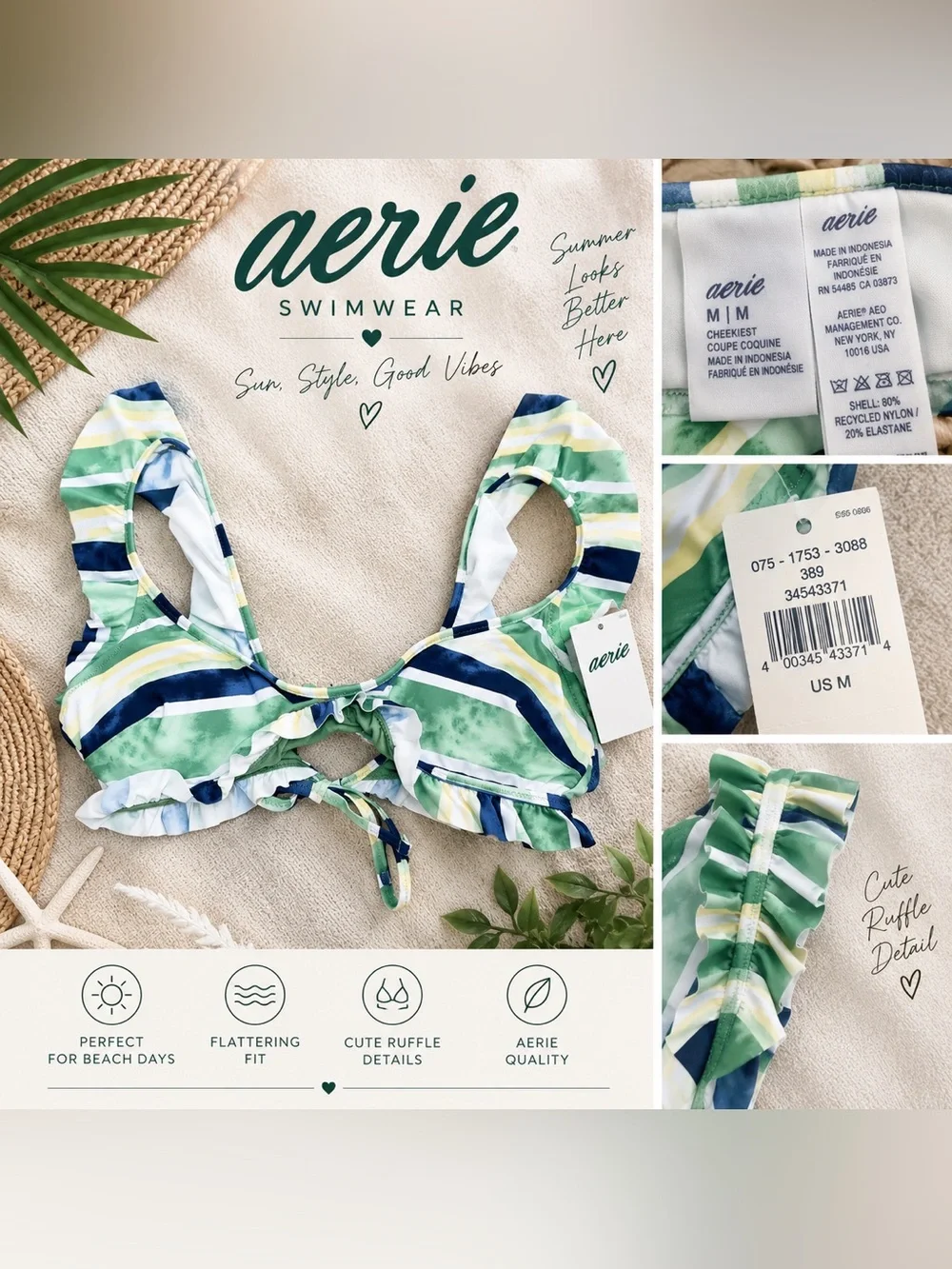 aerie Green, Navy & White Striped Ruffle Bikini Top with Front Tie